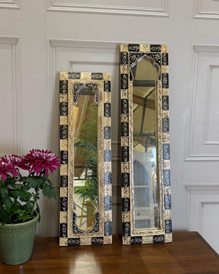 Pair of Hand-Painted Vintage Reclaimed Mango Wood Mirrors – Hand-Carved Arched Frames (60 x 25 cm)