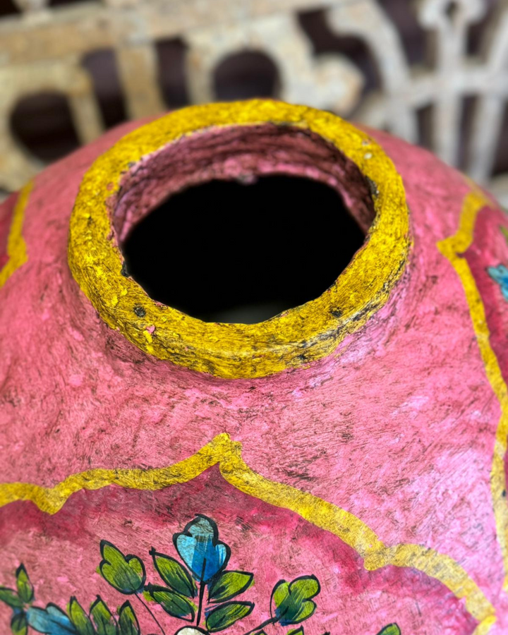 Handcrafted Indian Paper Mâché Pot - Vibrant Pink Floral Design