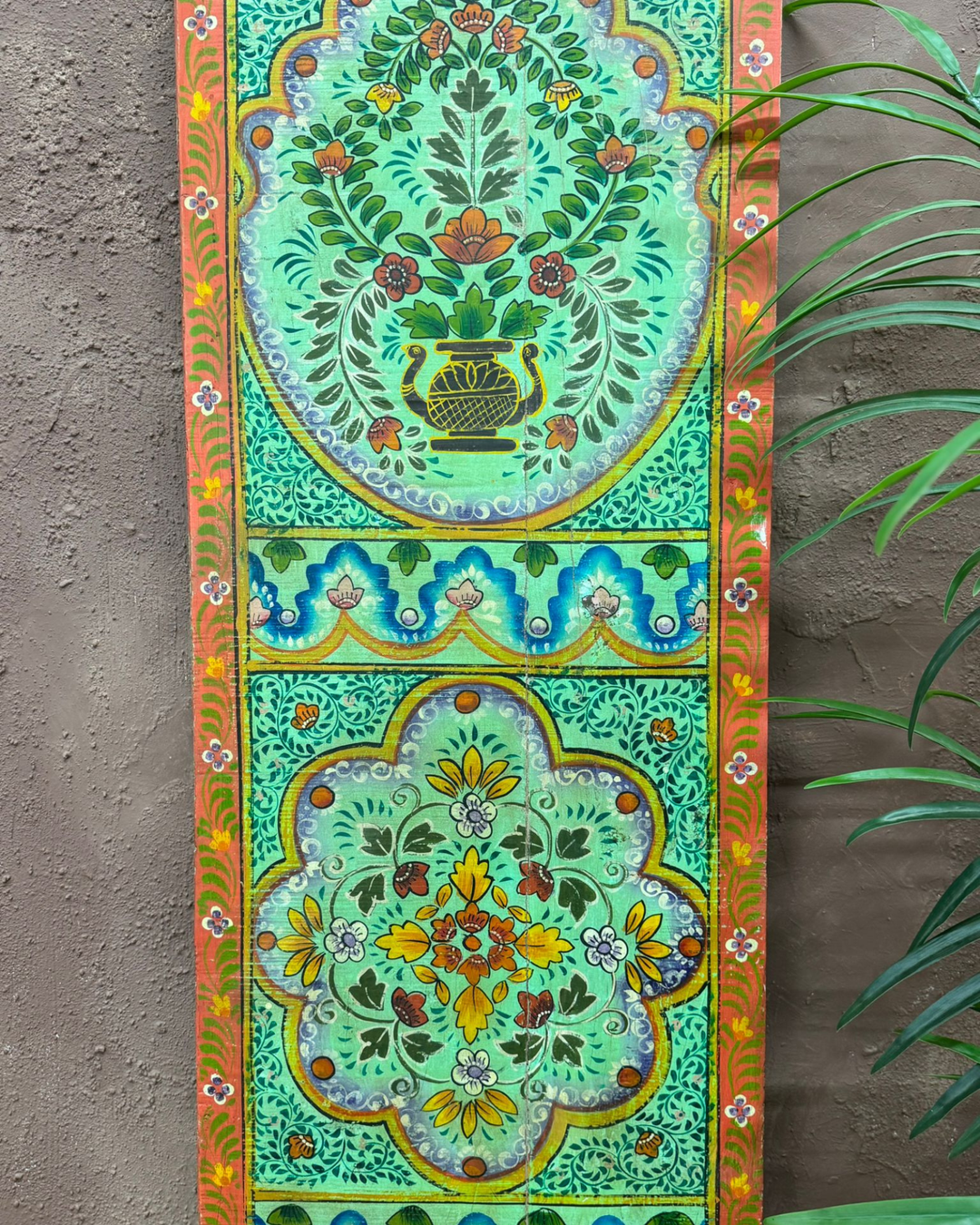 Vintage Hand-Painted Mango Wood Wall Panel – Floral Design, Red &amp; Green Finish