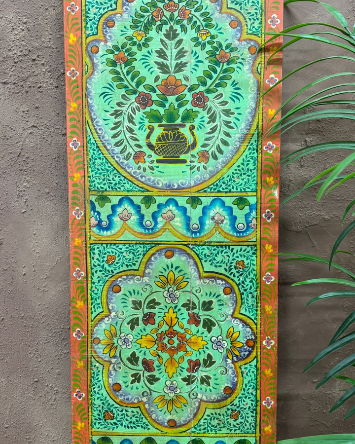 Vintage Hand-Painted Mango Wood Wall Panel – Floral Design, Red &amp; Green Finish