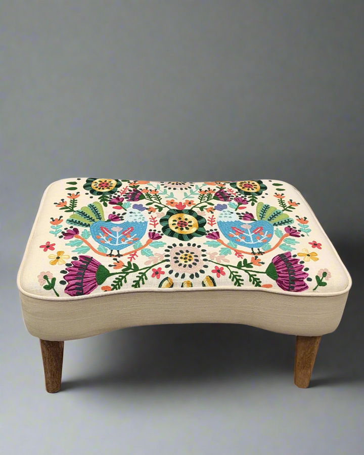 Hand-Embroidered Cotton Wingback Armchair & Footstool Set