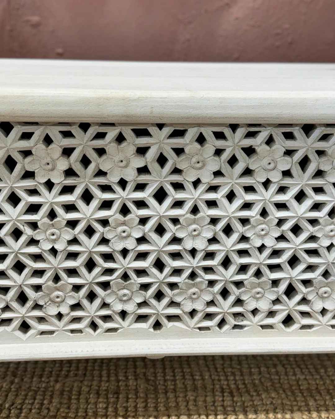 Hand Carved Whitewashed Storage Box with Petal Design