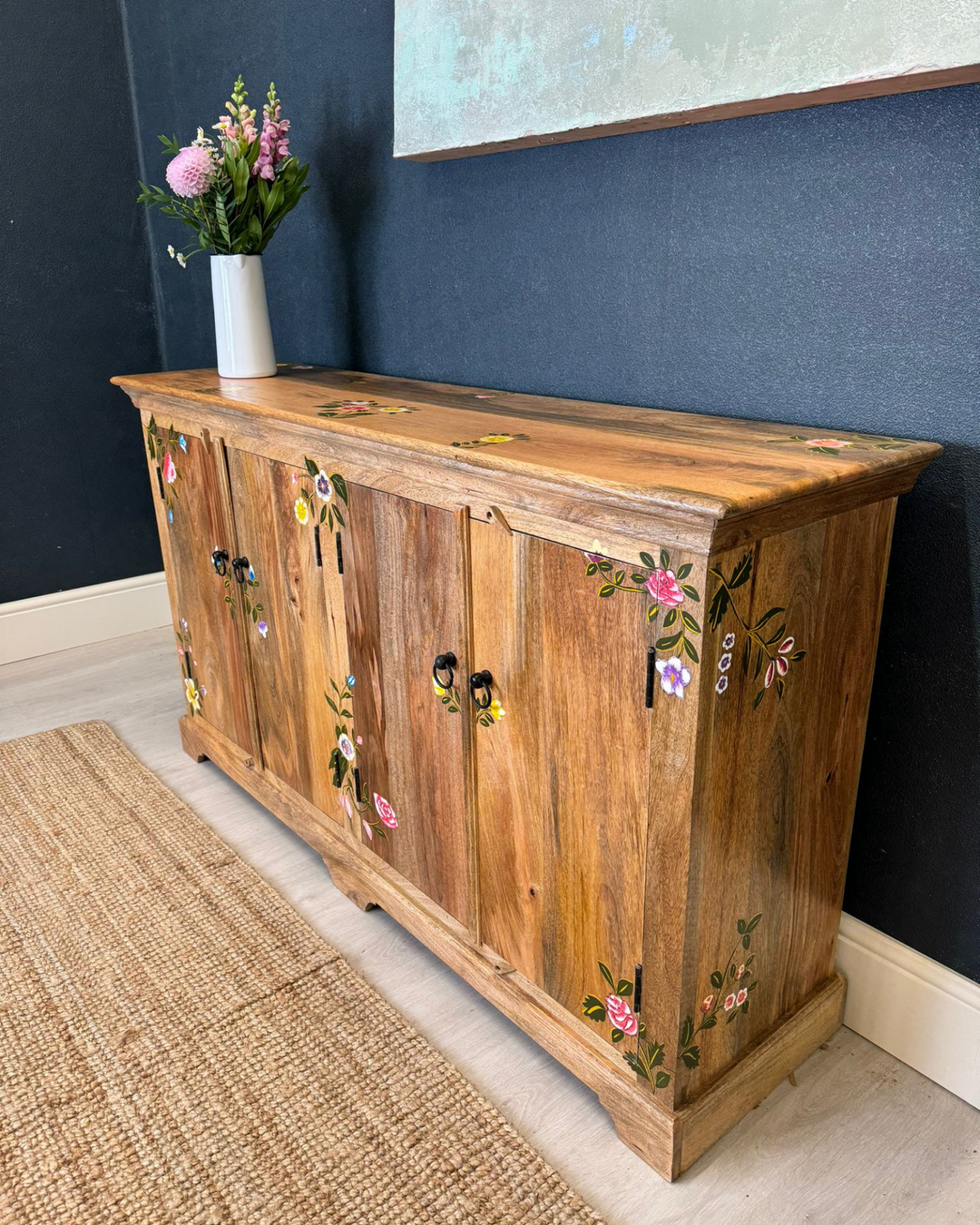 Hand-Carved Mango Wood 4-Door Sideboard