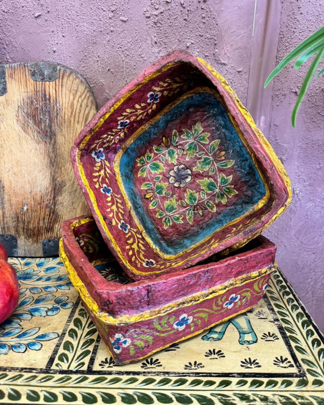 Hand-Painted Decorative Paper Mâché Square Bowl – Traditional Indian Art