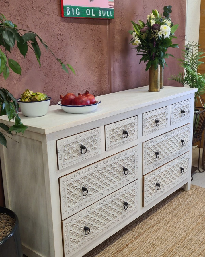 Whitewashed Mango Wood Chest of 8 Hand-Carved Drawers