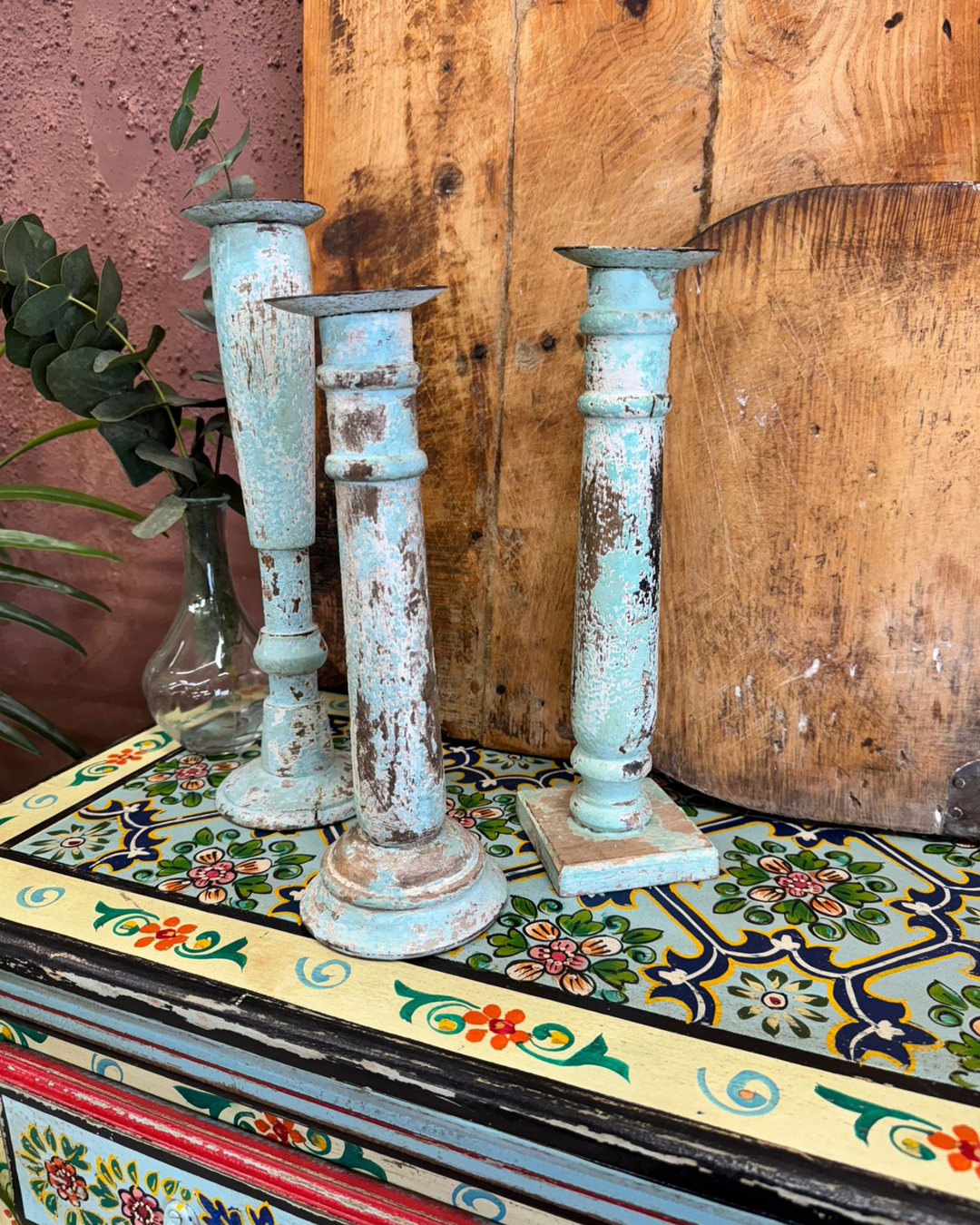 Set of 3 Vintage Mango Wood Candlestick Holders – Rustic Blue Patina