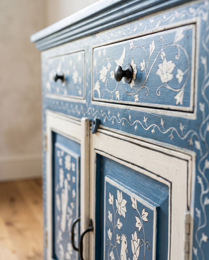 Hand-Painted Blue Mango Wood Sideboard – Two Door Two Drawer Cabinet