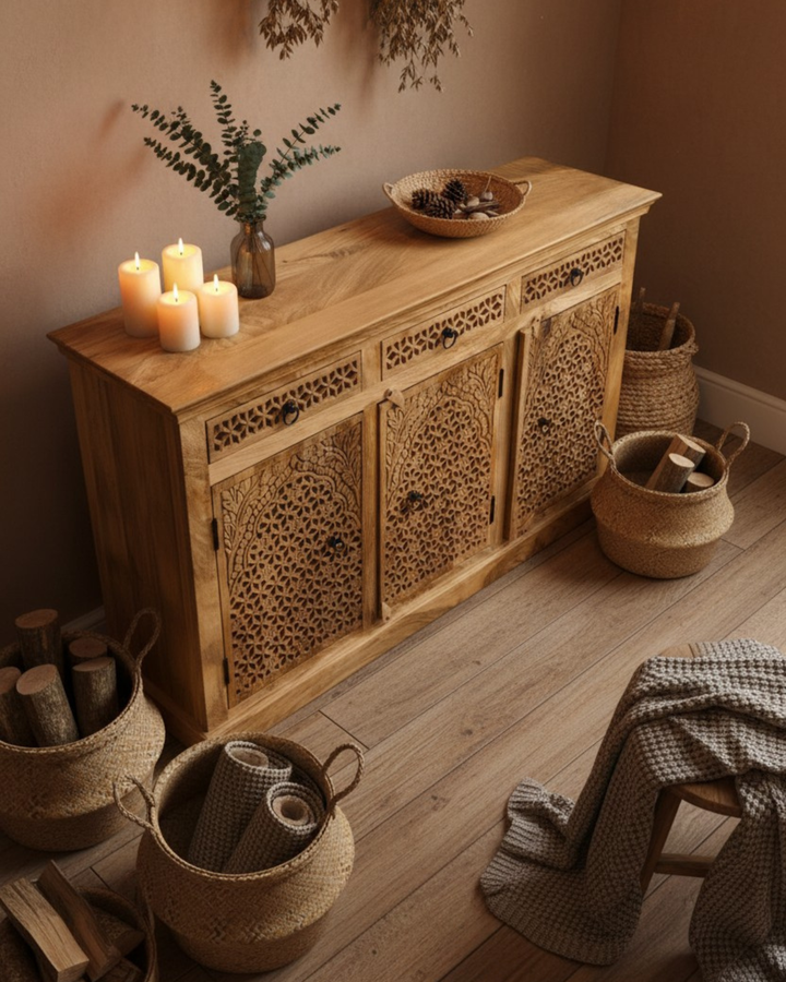 Three Door & Three Drawer Mango Wood Sideboard — Natural Polished Finish