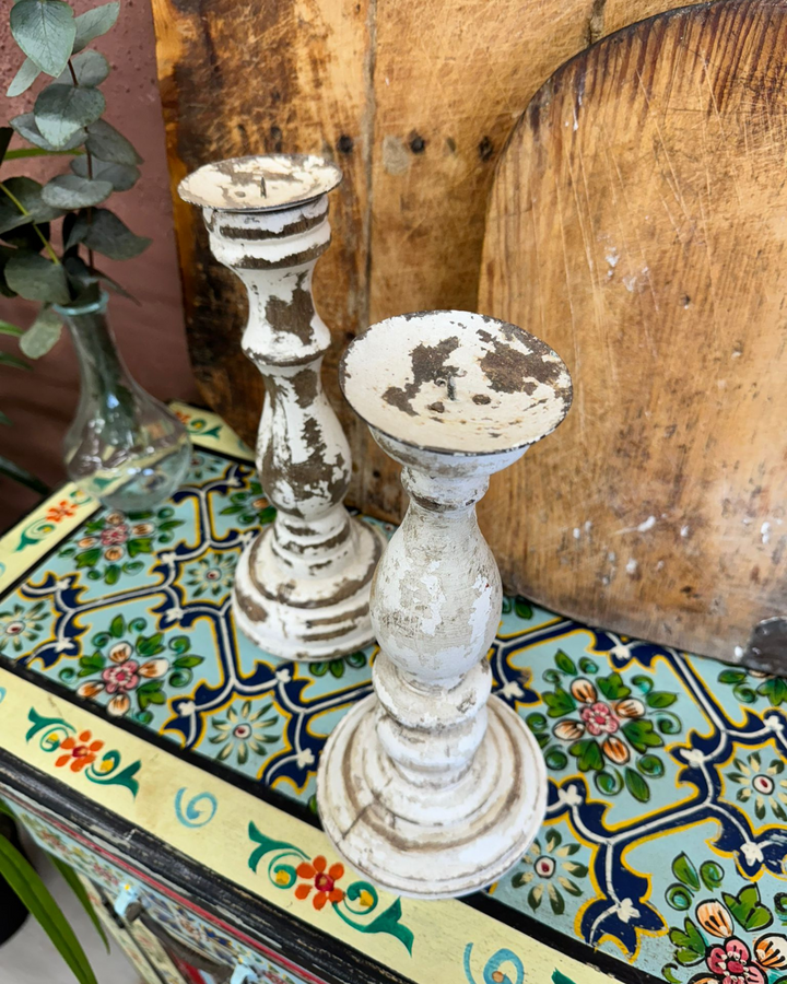 Set of 2 Whitewashed Vintage Mango Wood Candlestick Holders