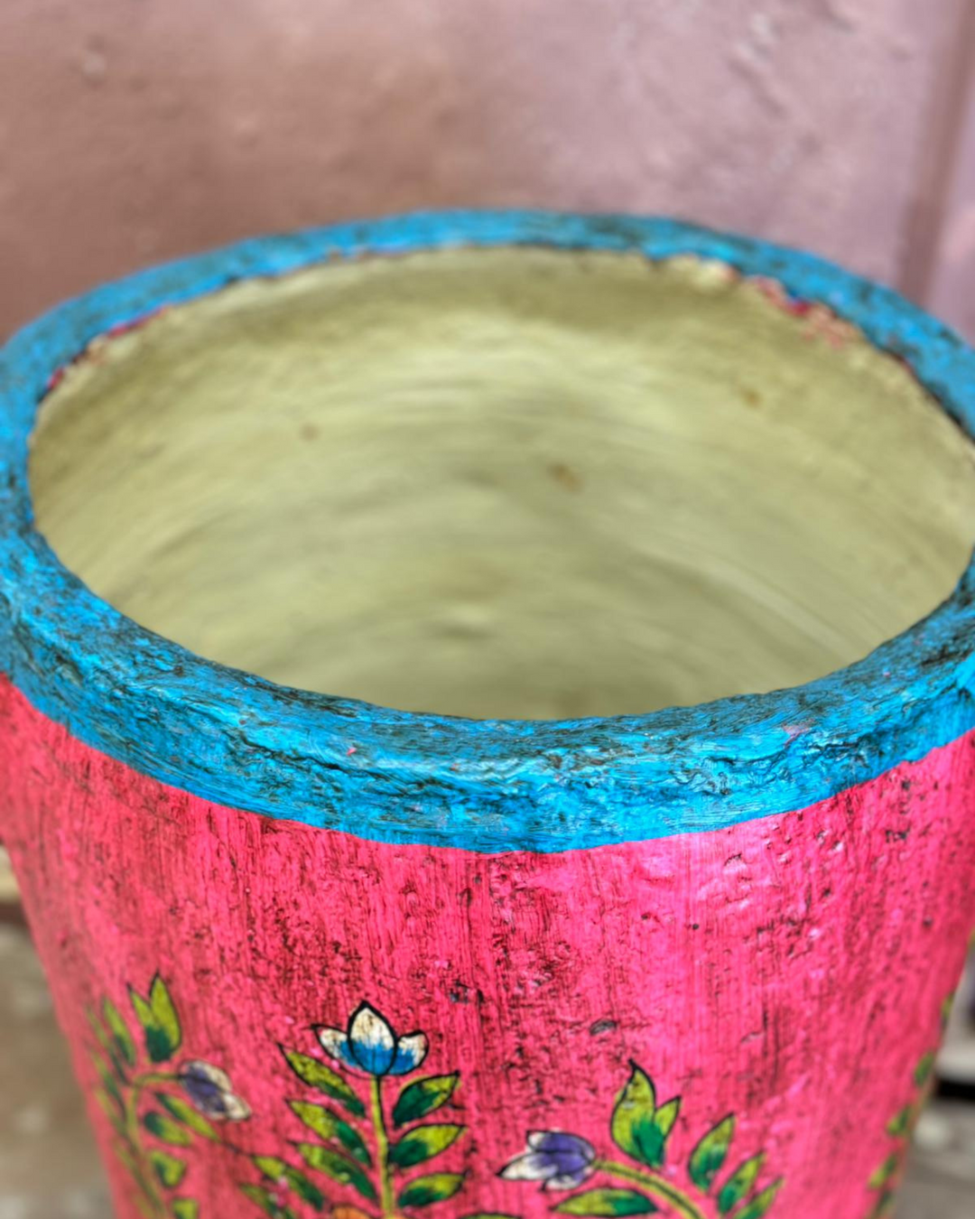 Hand-Painted Indian Paper Mâché Planter – Pink & Turquoise Floral Design