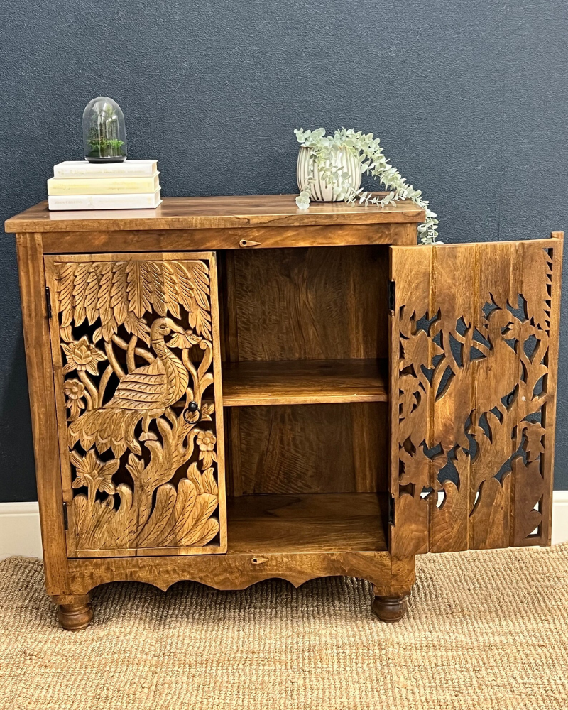 Two Door Mango Wood Sideboard with Peacock Carved Detailing