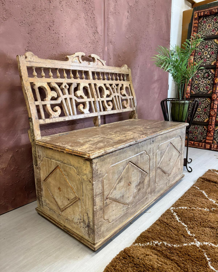 Vintage Reclaimed Teak Bench Seat with Backrest and Hidden Chest Compartment