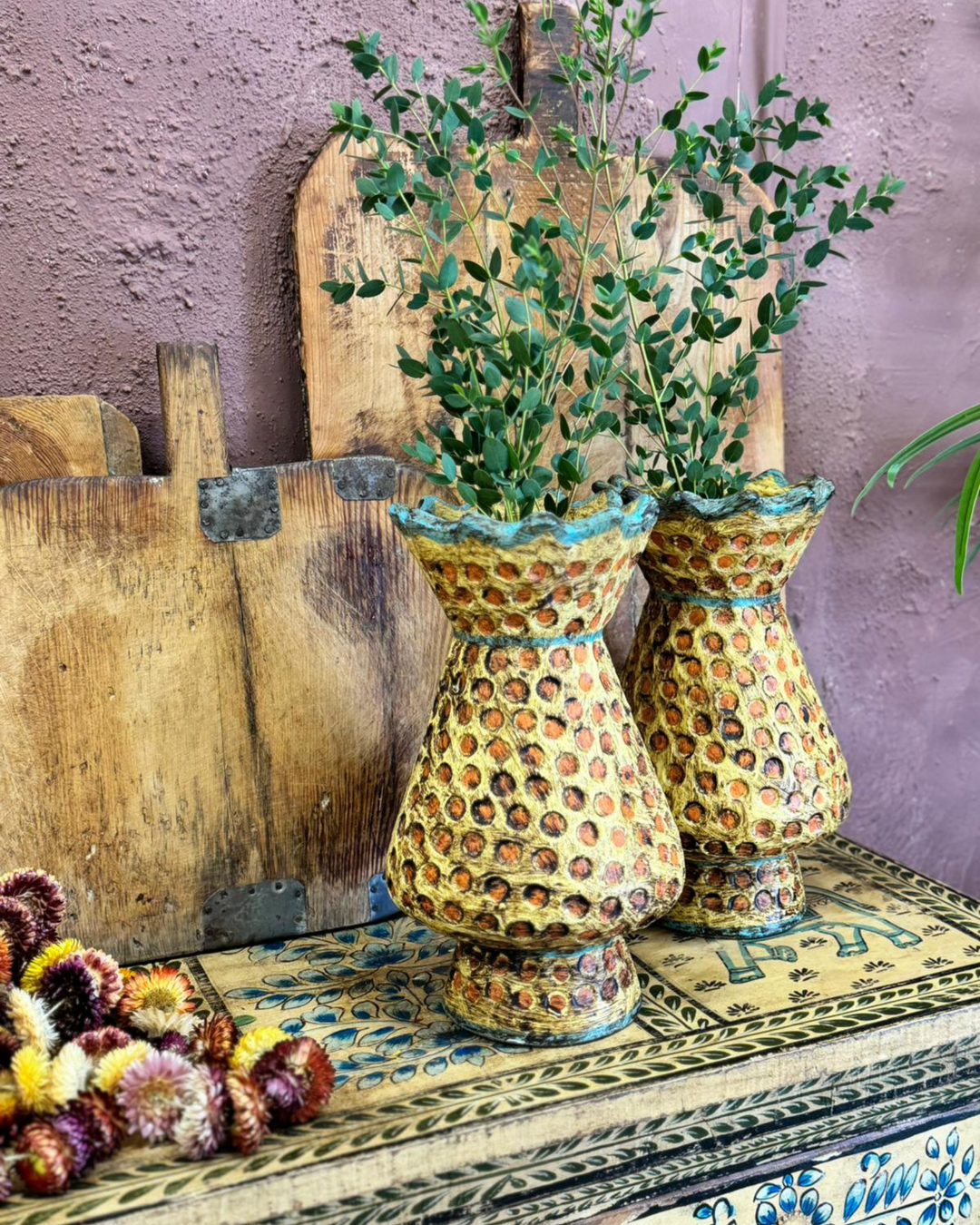 Handcrafted Indian Paper Mâché Vase Set – Set of 2