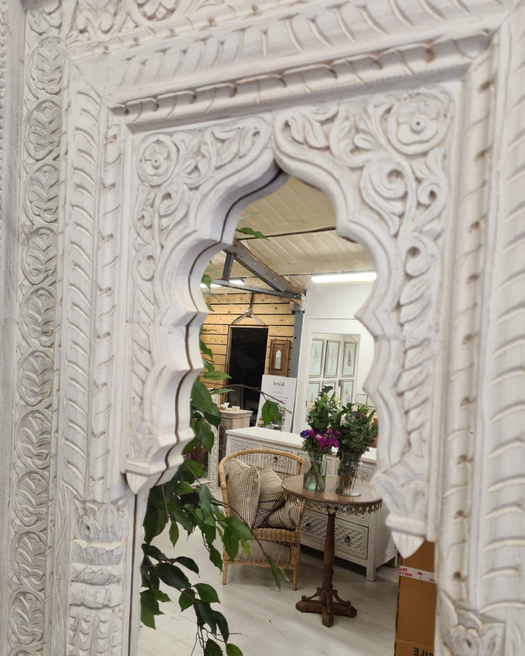 Tall Arch Mango Wood Floor Mirror – Hand-Carved and Whitewashed