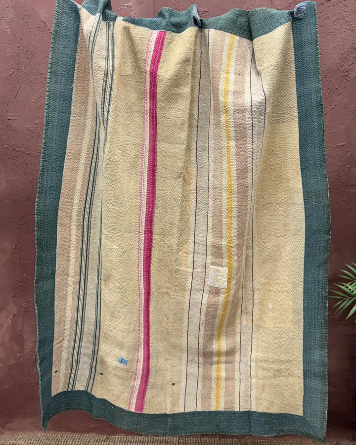 Vintage Hand-Embroidered Kantha Throw – Forest Green & Teal Striped Sari