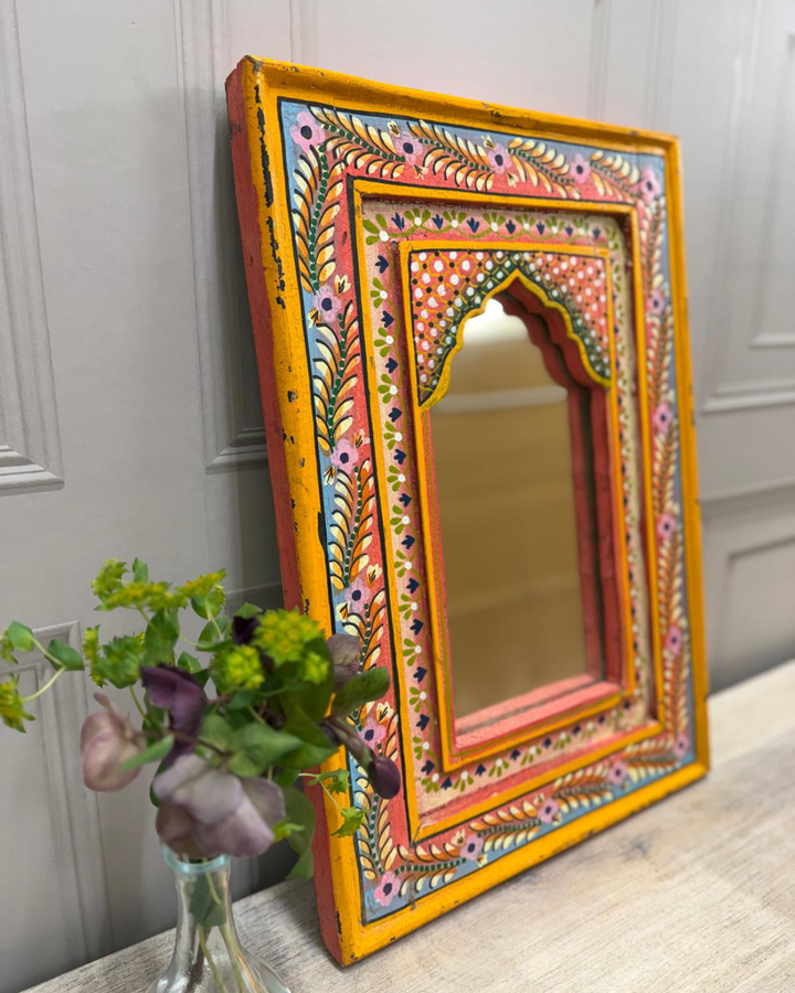 Hand-Painted Vintage Mango Wood Mirror – Arched Frame with Floral Motif