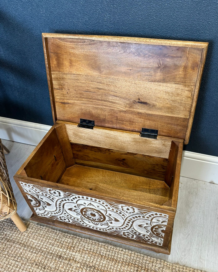 Ornately Carved Mango Wood Storage Chest