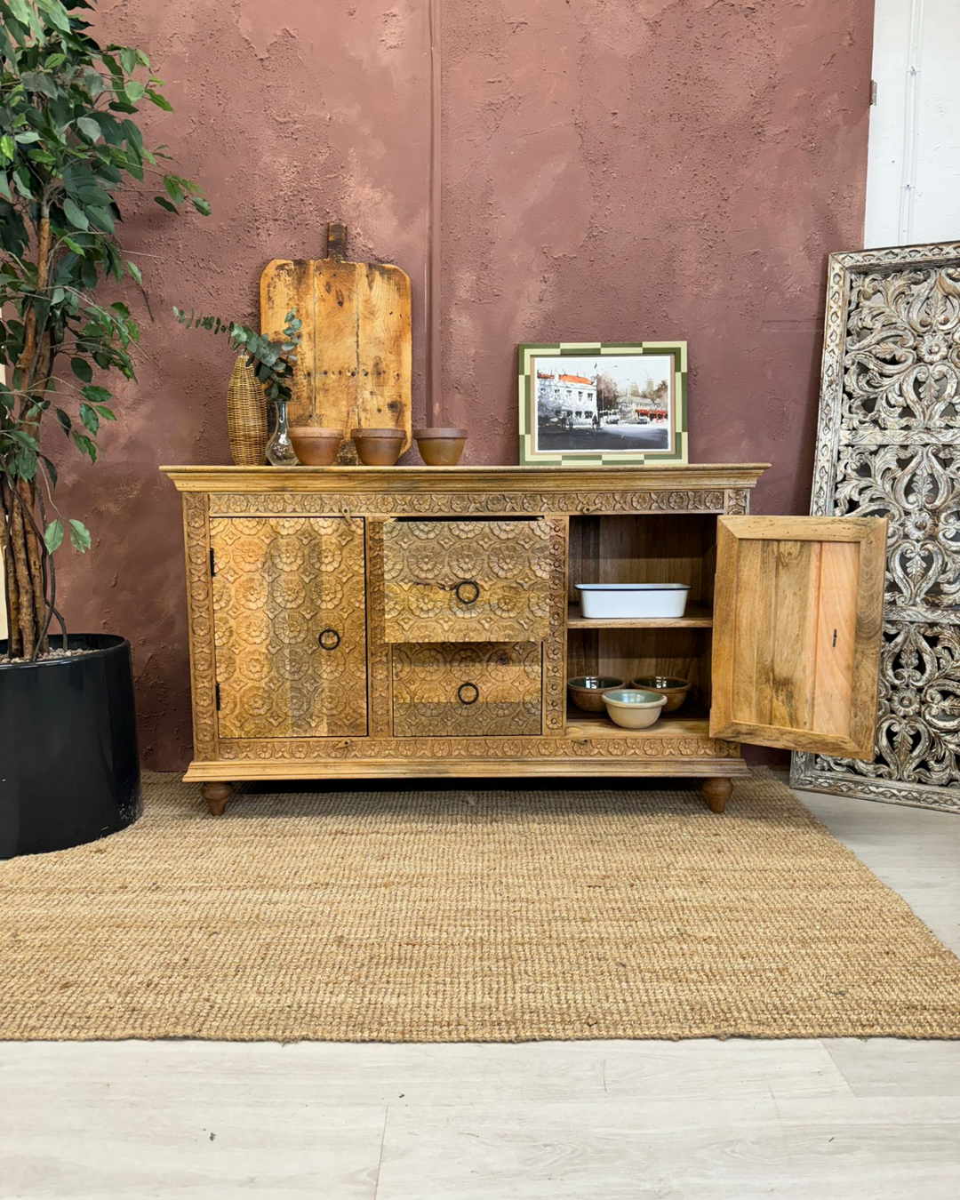 Hand-Carved Flower Design Natural Mango Wood Sideboard