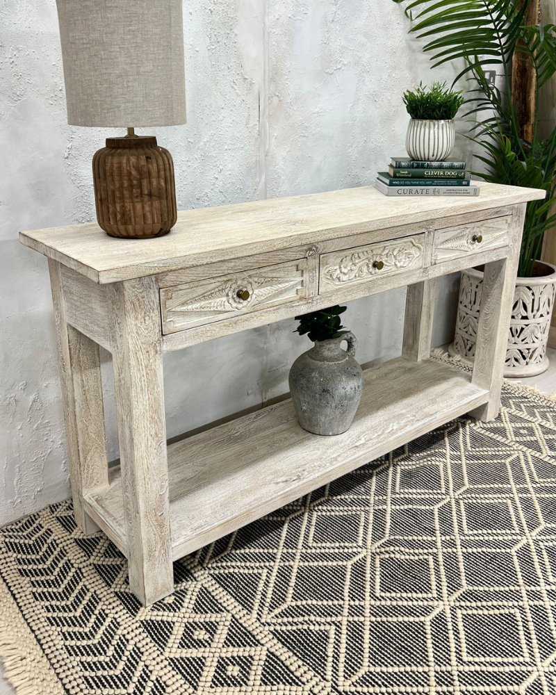 sandblasted carved console table