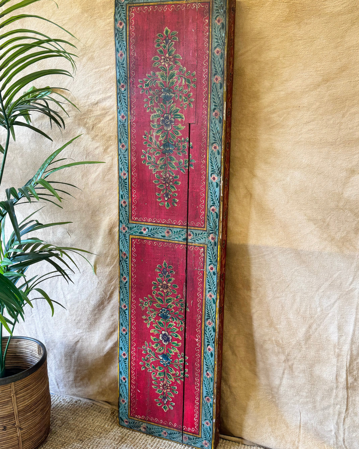 Vintage Hand-Painted Trestle Console Table – Red Floral Design
