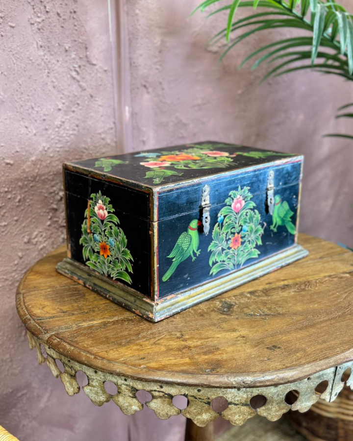 Hand-Painted Wooden Box with Floral and Bird Design