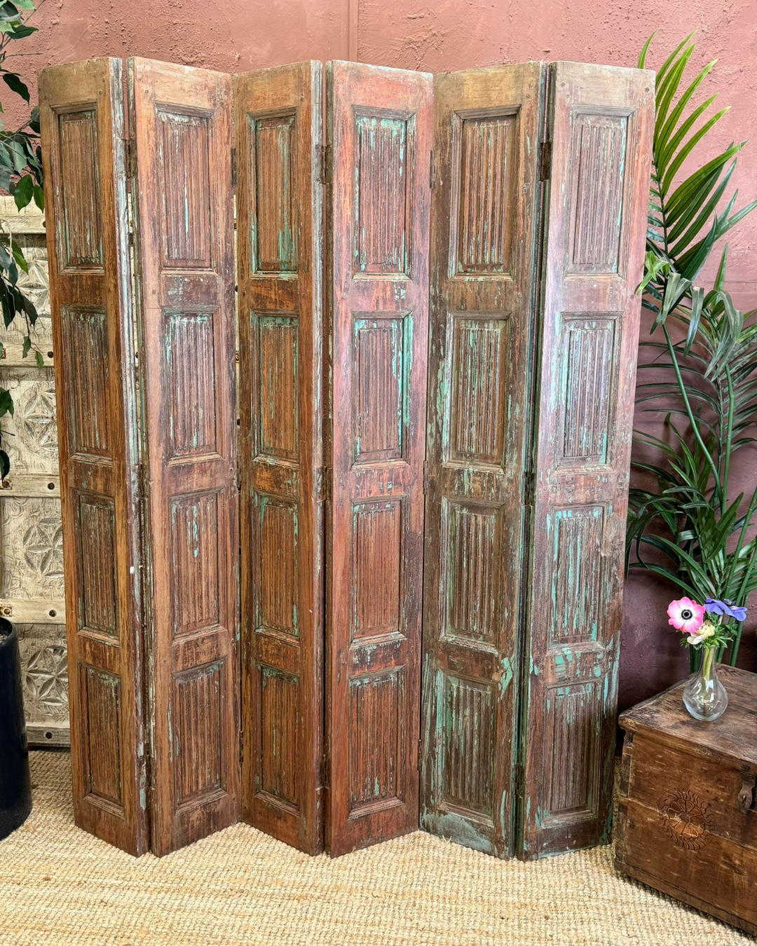 Vintage Reclaimed Mango Wood Shutters / Room Divider – 6-Panel Design