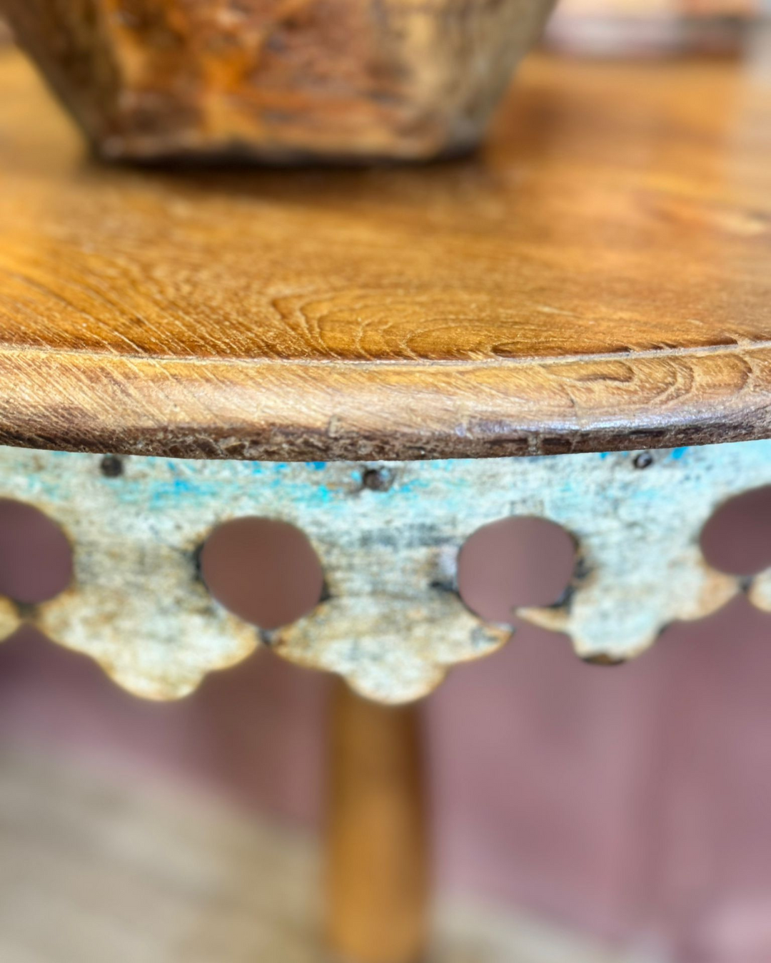 Reclaimed Teak Side Table with Intricate Iron Border