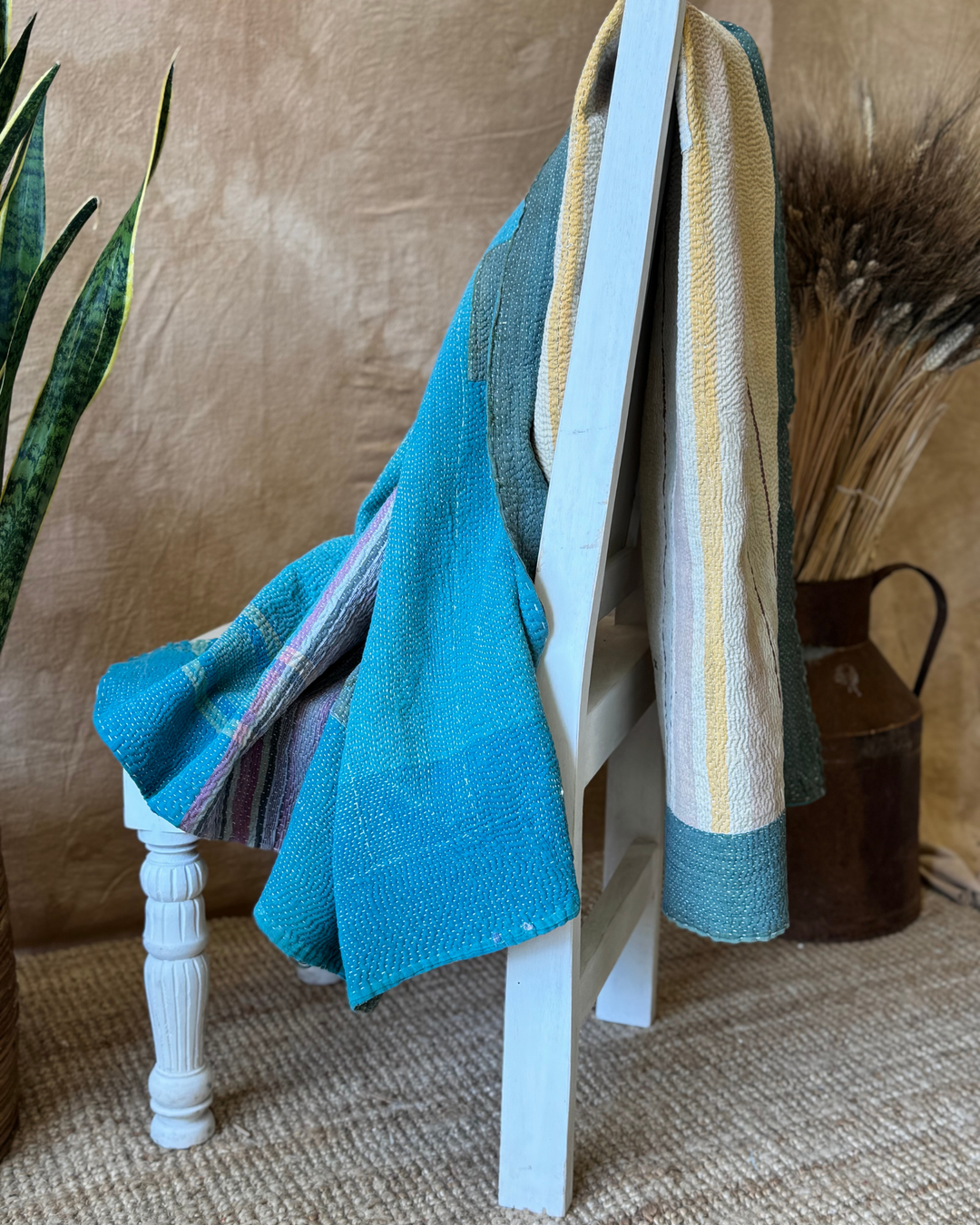 Vintage Hand-Embroidered Kantha Throw – Forest Green & Teal Striped Sari