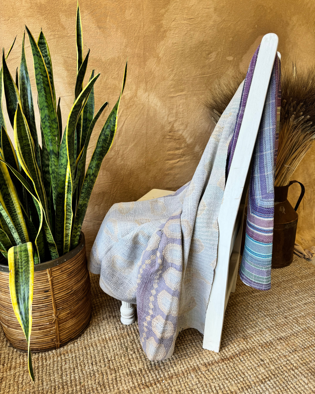 Vintage Hand-Embroidered Kantha Throw – Indigo & Ochre Motif Sari Quilt