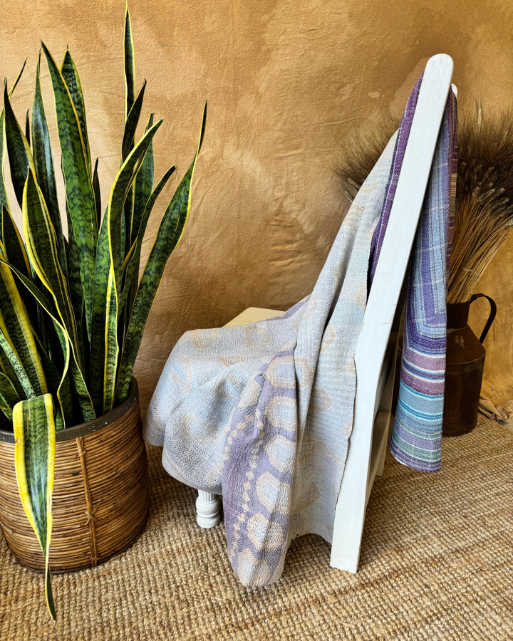 Vintage Hand-Embroidered Kantha Throw – Indigo & Ochre Motif Sari Quilt