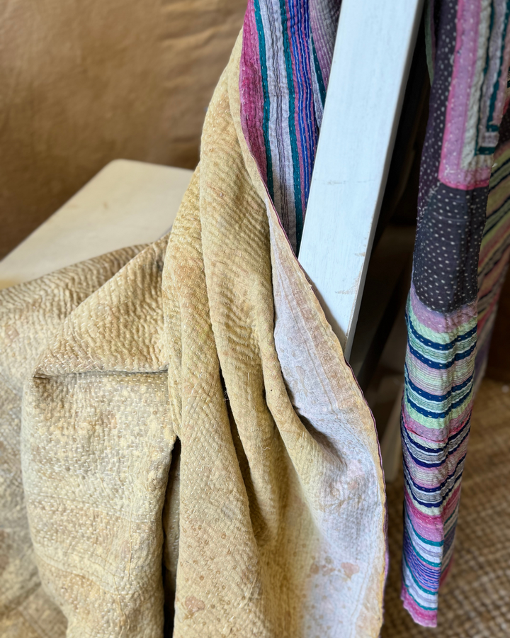 Vintage Hand-Embroidered Kantha Throw – Multicoloured Striped Sari with Ochre Backing