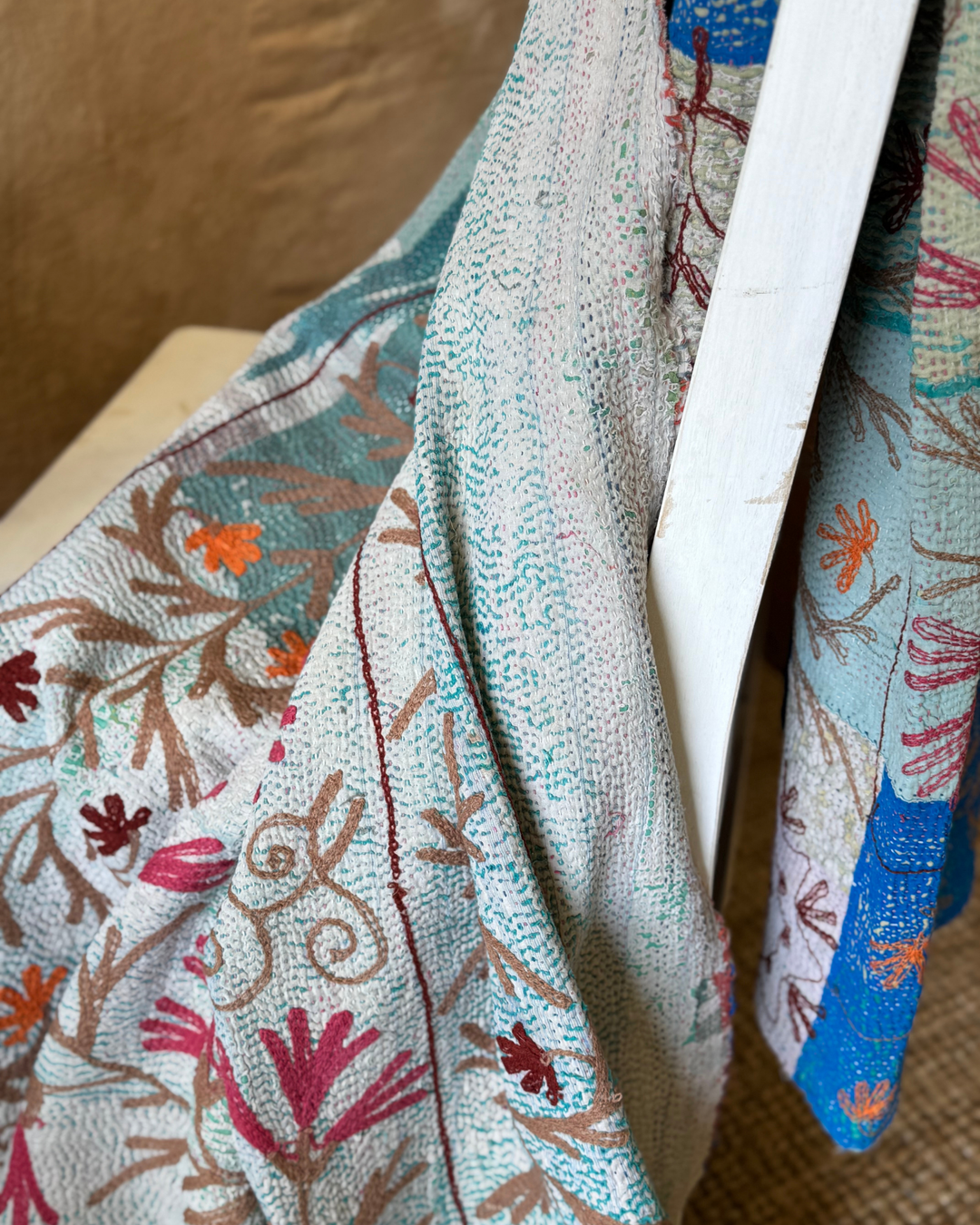 Vintage Hand-Embroidered Kantha Throw – Turquoise Sari with Royal Blue Reverse