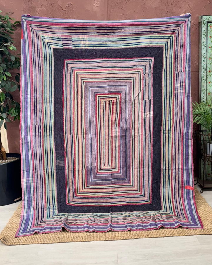 Vintage Hand-Embroidered Kantha Throw – Multicoloured Striped Sari with Ochre Backing