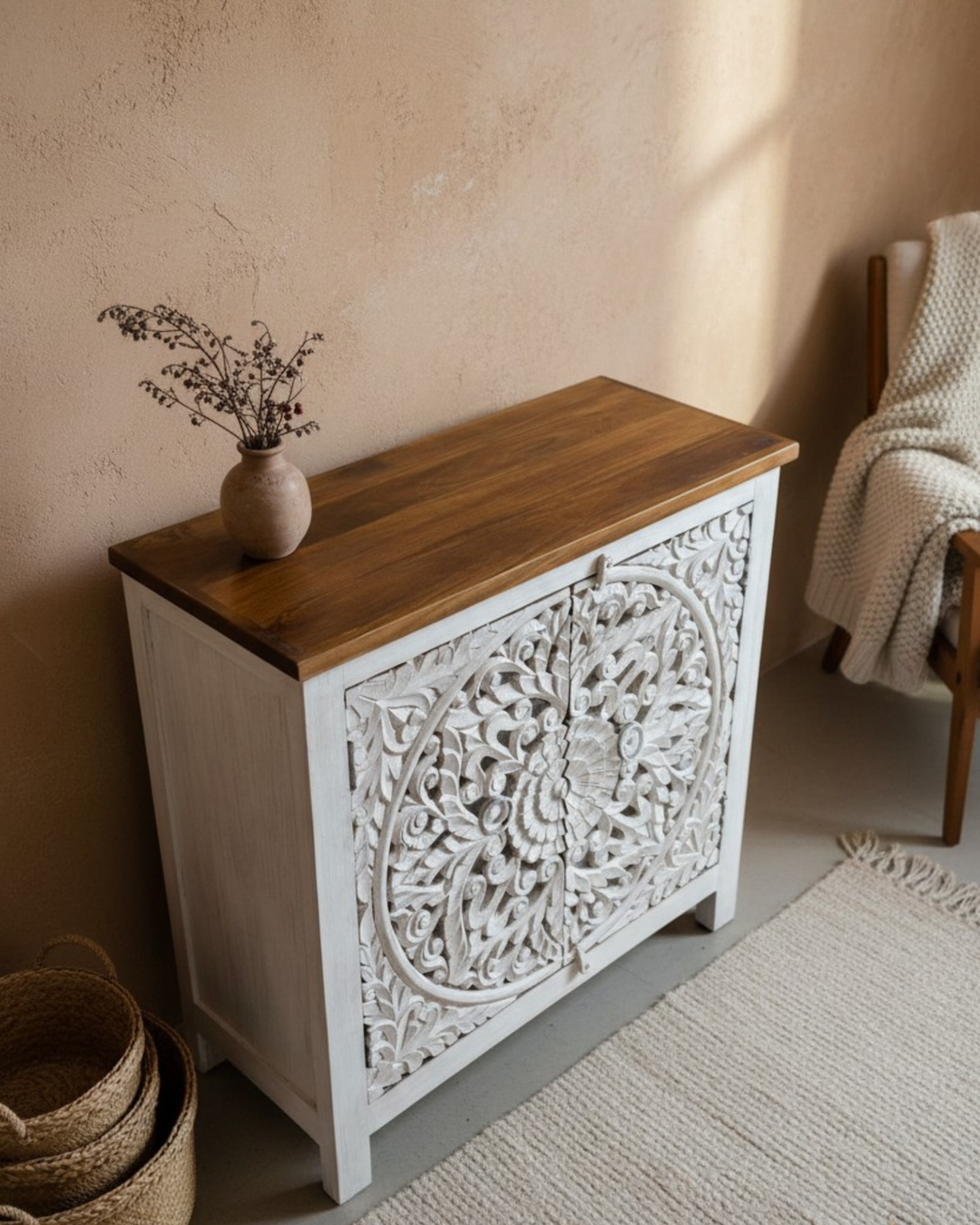 Whitewashed Hand-Carved Mango Wood Sideboard – Natural Top with Mandala Detailing