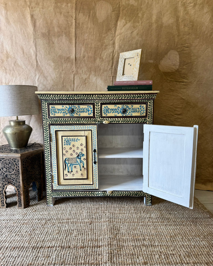 Hand-Painted Mango Wood Sideboard – Vintage Floral & Animal Motifs