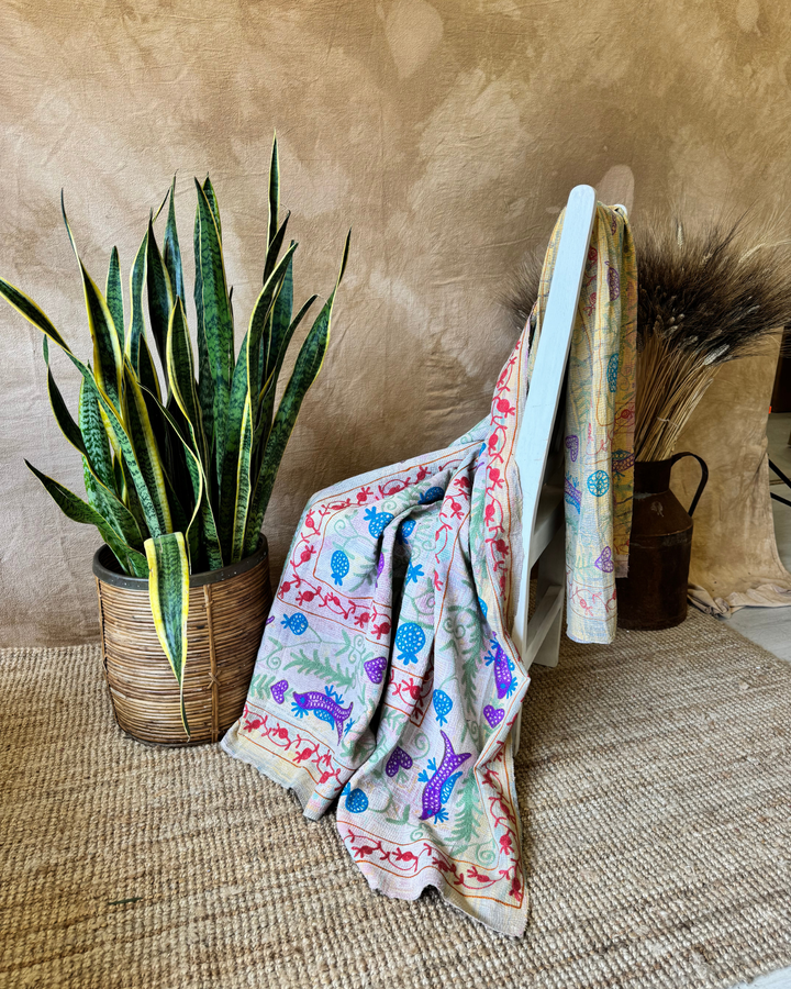 Vintage Hand-Embroidered Kantha Throw – Soft Pastel Sari with Botanical Stitchwork