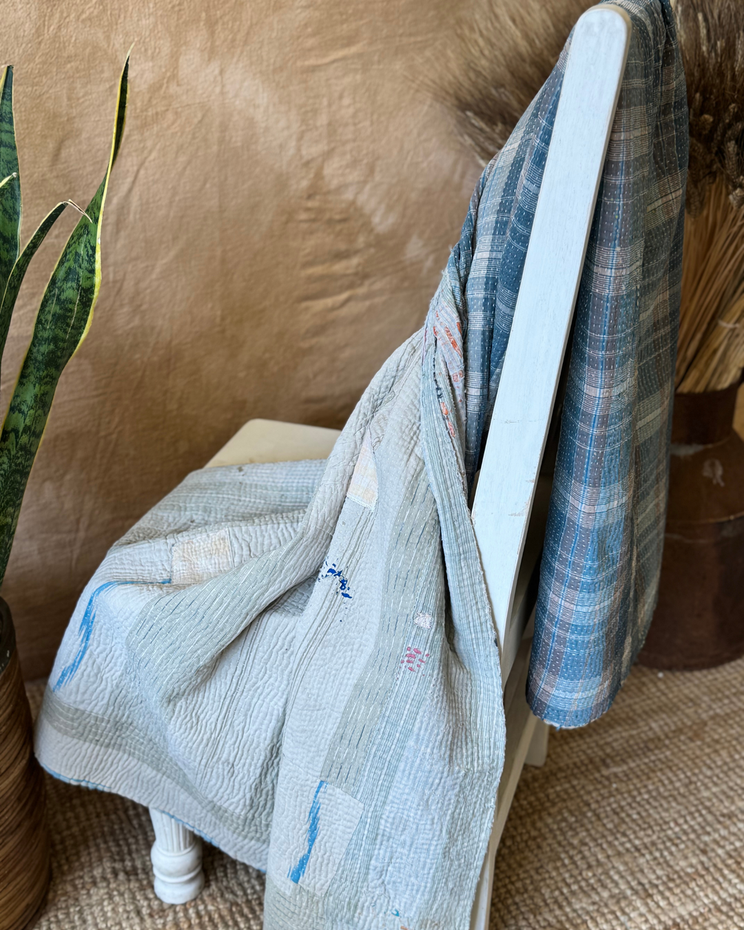 Vintage Hand-Embroidered Kantha Throw – Soft Grey & Slate Sari Patchwork