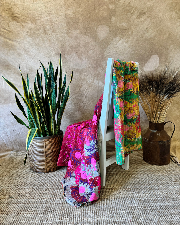 Vintage Hand-Embroidered Kantha Throw – Bold Floral Sari in Red, Green & Mustard