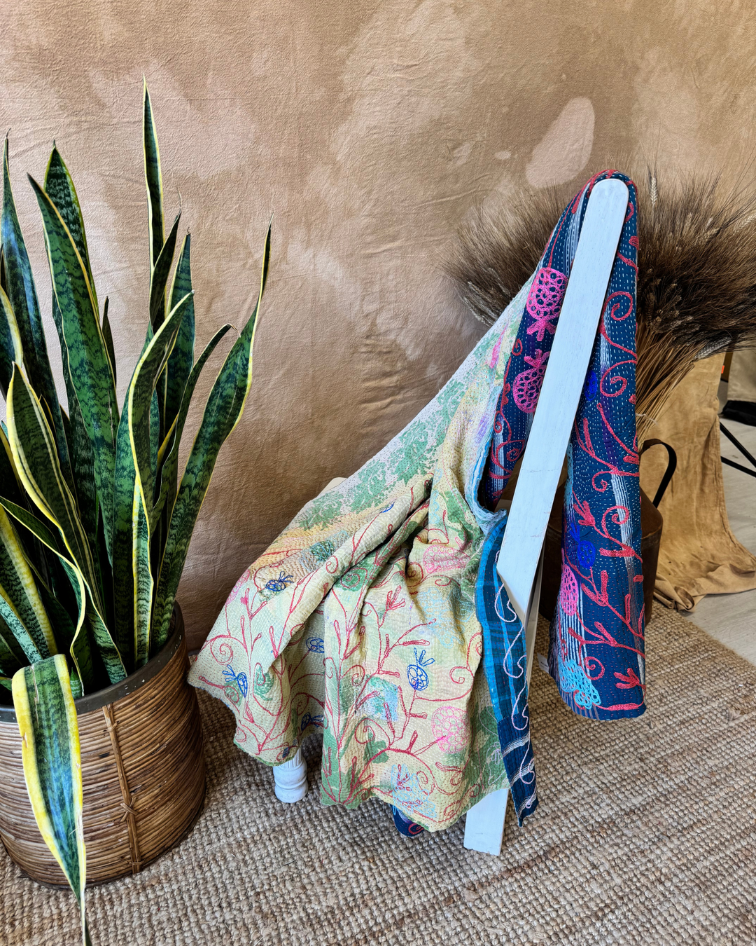 Vintage Hand-Embroidered Kantha Throw – Midnight Blue Sari with Red & Aqua Florals