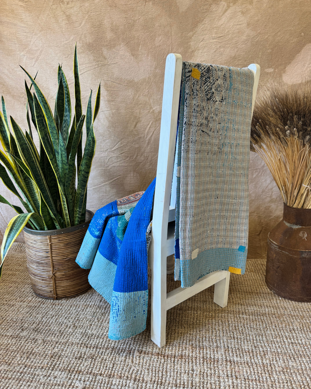 Vintage Hand-Embroidered Kantha Throw – Blue & Teal Patchwork with Striped Sari Panels