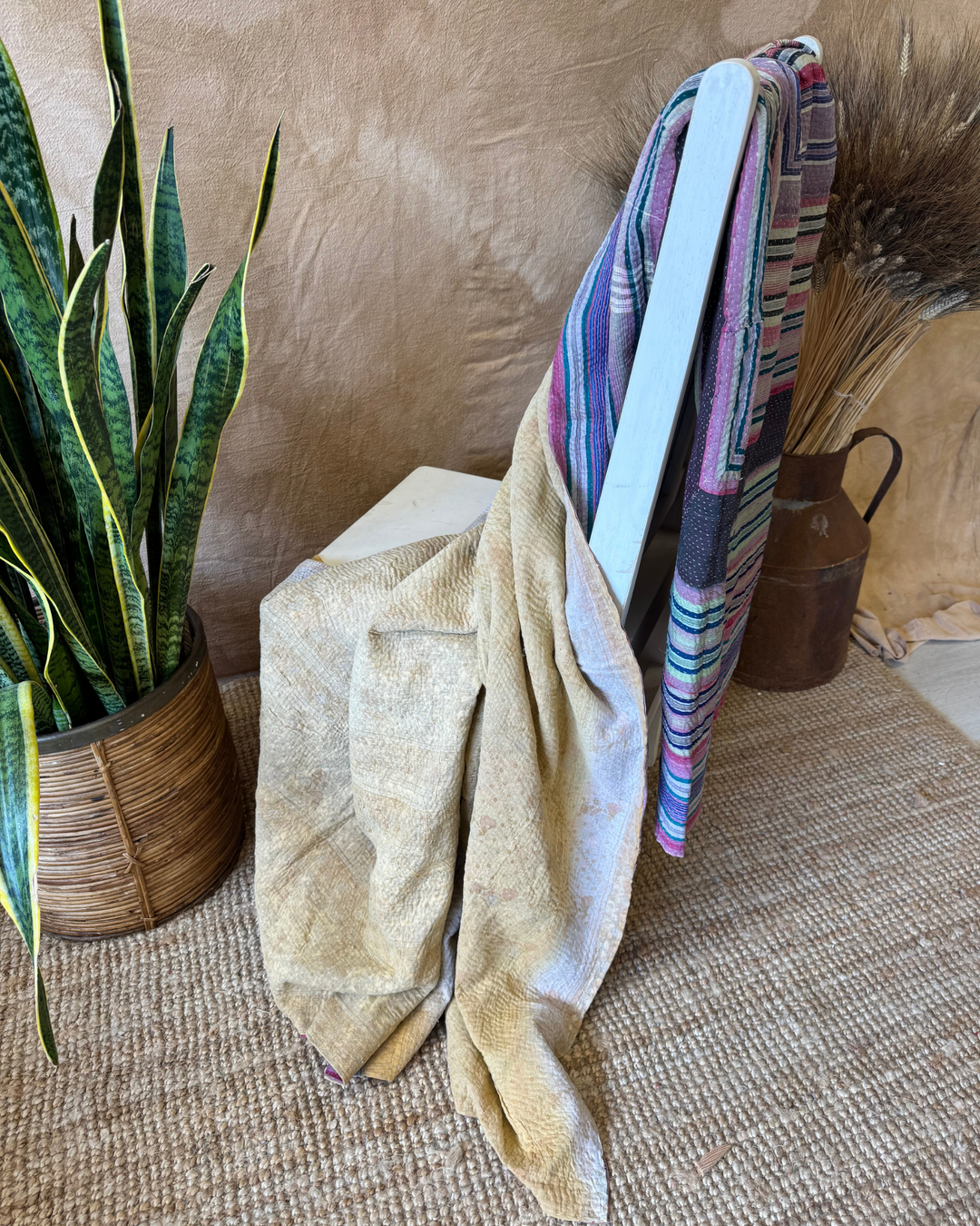 Vintage Hand-Embroidered Kantha Throw – Multicoloured Striped Sari with Ochre Backing
