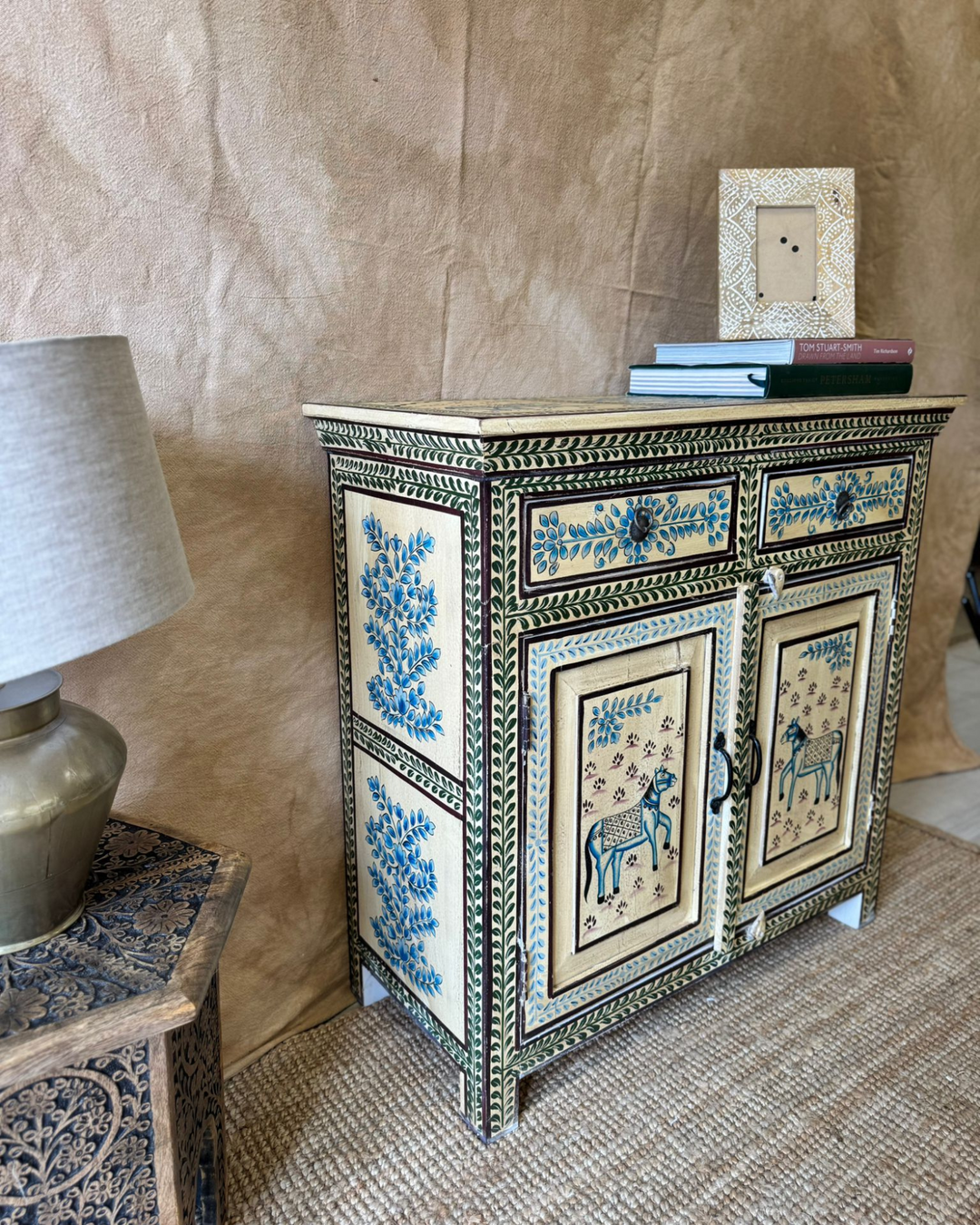 Hand-Painted Mango Wood Sideboard – Vintage Floral & Animal Motifs