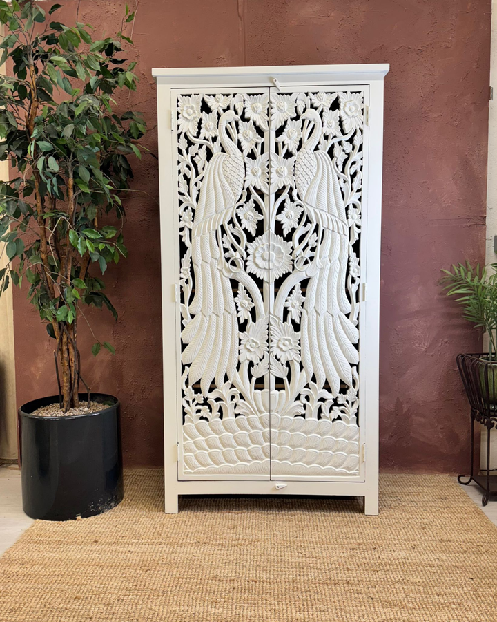 Peacock Hand-Carved Whitewashed Mango Wood Armoire / Cabinet