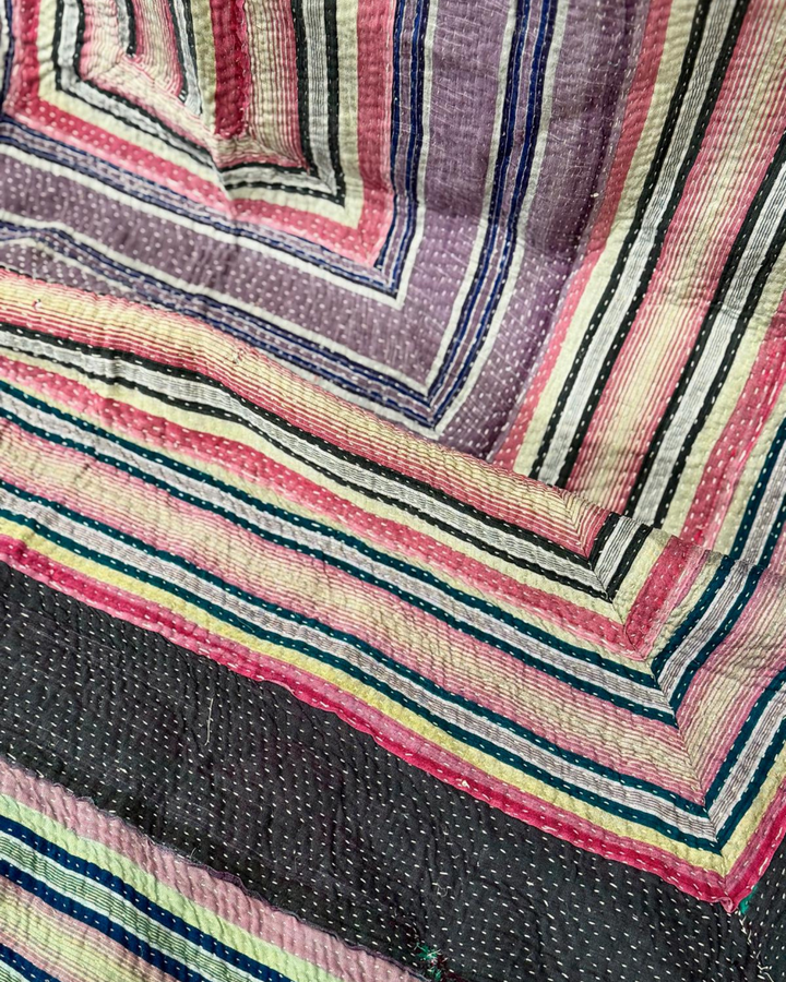 Vintage Hand-Embroidered Kantha Throw – Multicoloured Striped Sari with Ochre Backing