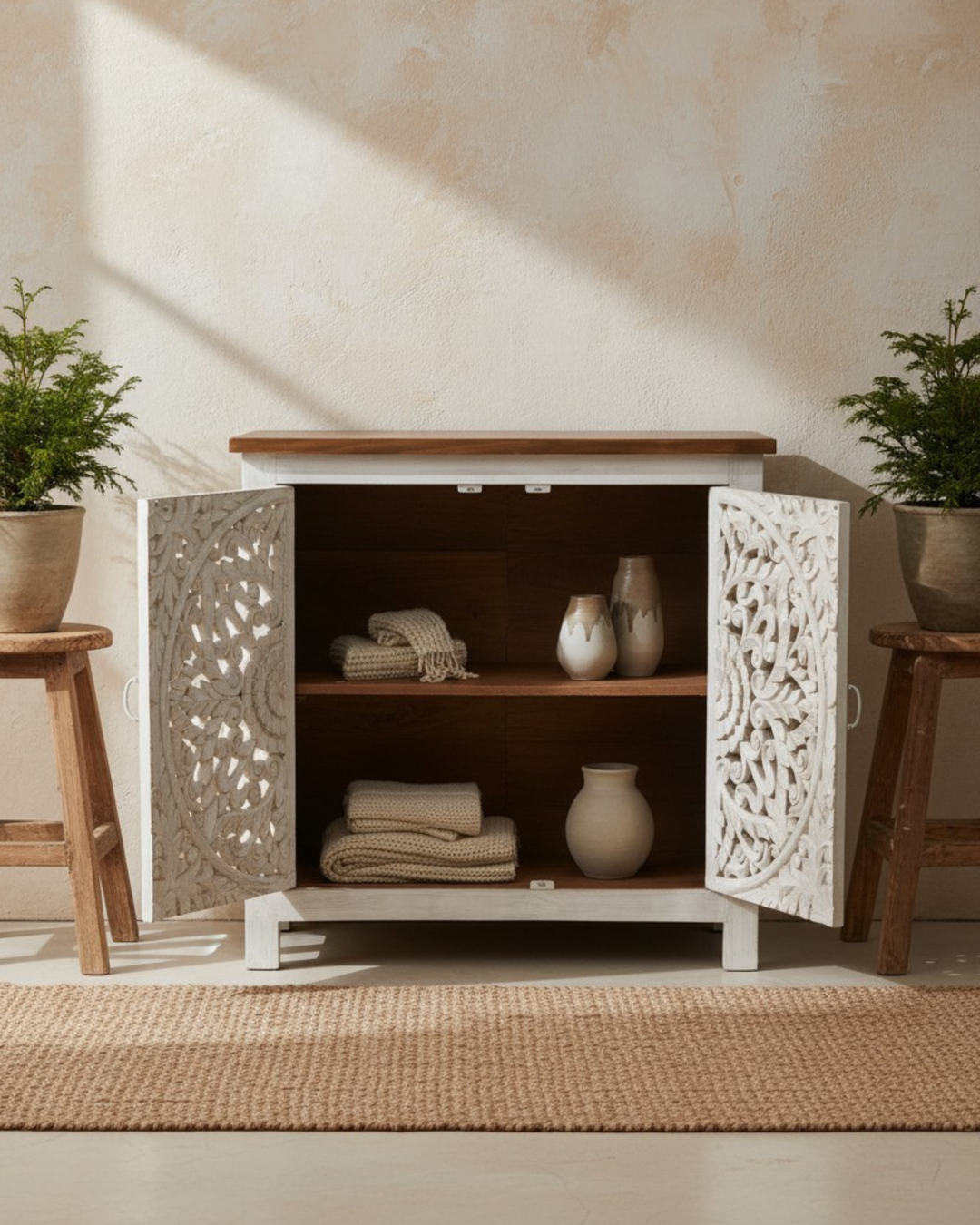 Whitewashed Hand-Carved Mango Wood Sideboard – Natural Top with Mandala Detailing