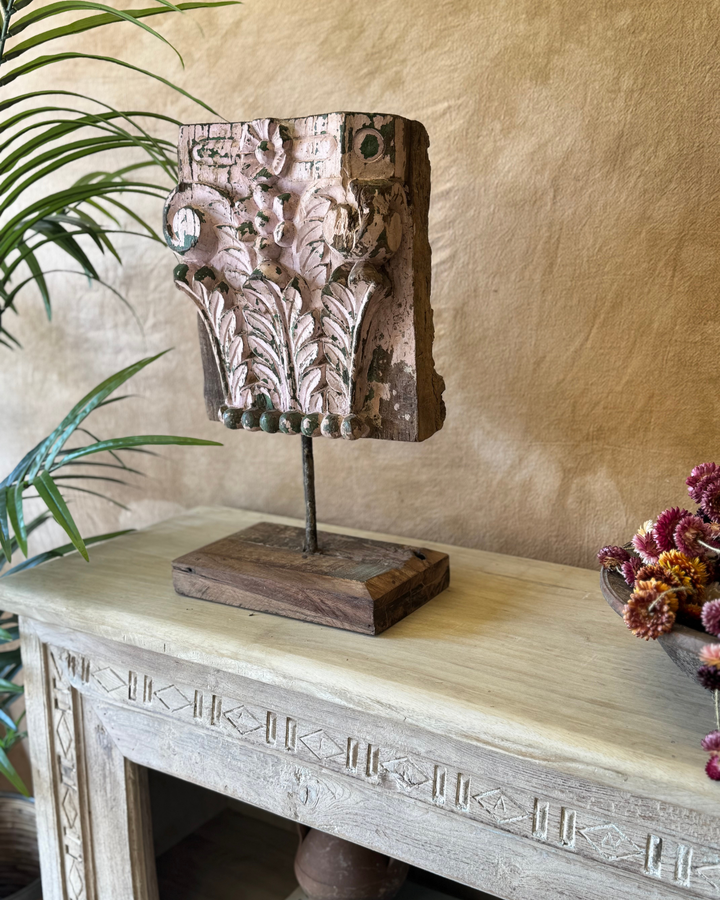Decorative Reclaimed Teak Bracket on Stand – Blush & Green Carving