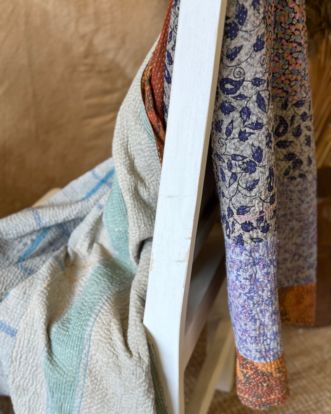 Vintage Hand-Embroidered Kantha Throw – Lilac Floral Patch Sari with Burnt Orange Accents