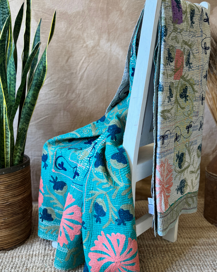 Vintage Hand-Embroidered Kantha Throw – Forest Green with Coral & Navy Floral Panels