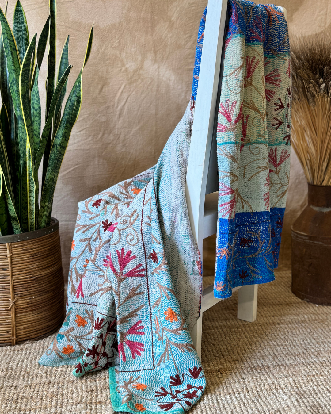 Vintage Hand-Embroidered Kantha Throw – Turquoise Sari with Royal Blue Reverse