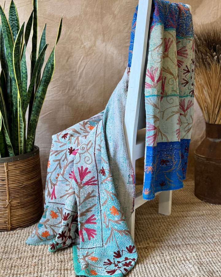 Vintage Hand-Embroidered Kantha Throw – Turquoise Sari with Royal Blue Reverse